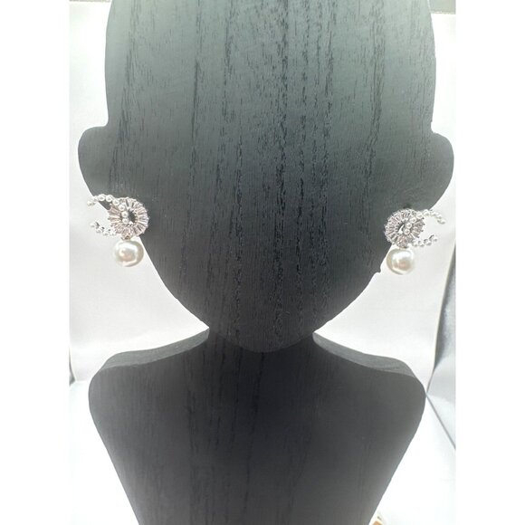 2/$24 Silver & Crystal Double C Pearl Drop Earrings Elegant Statement Piece - Picture 4 of 6